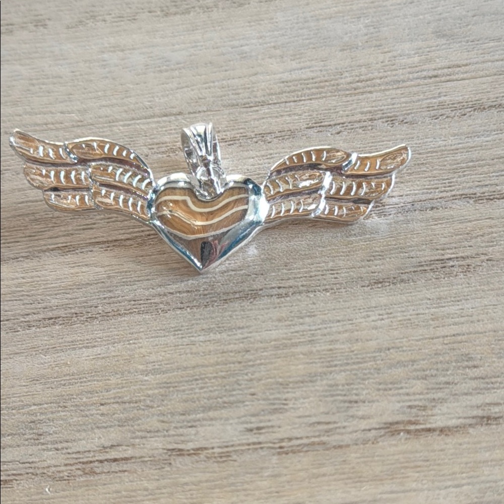 .925 Sterling Silver Heart with Angel Wings Pendant